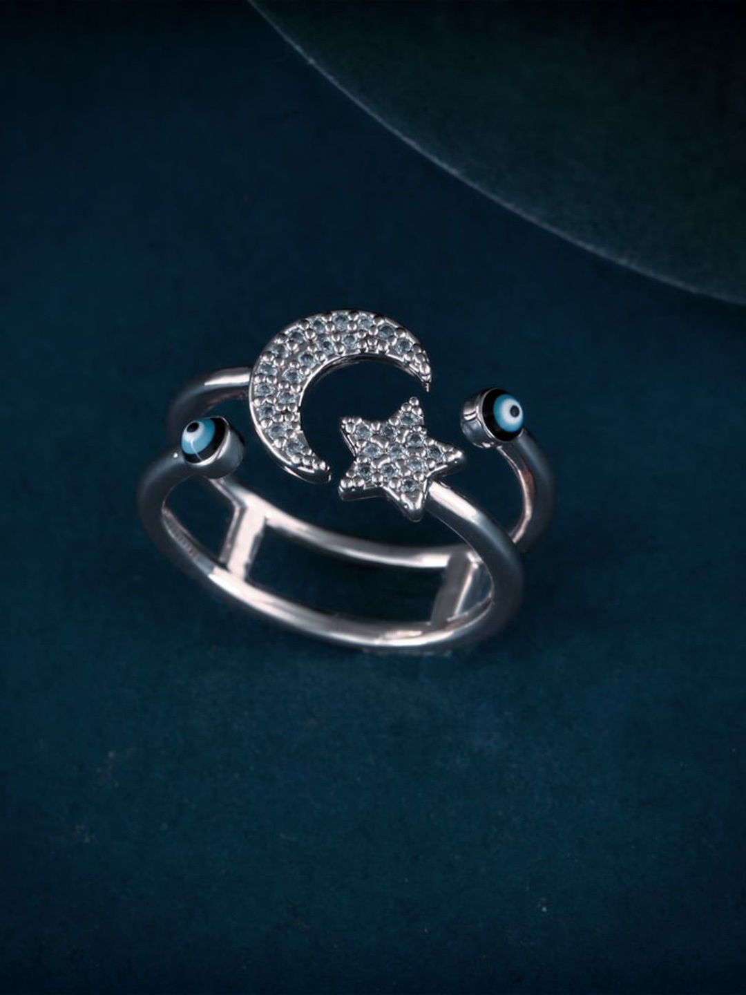 

MEENAZ Silver-Plated Cubic Zirconia & American Diamond-Studded Evil Eye Finger Ring
