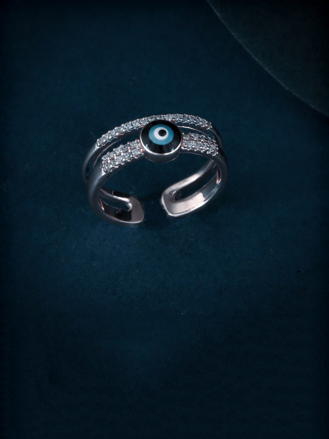 

MEENAZ Silver-Plated CZ & AD Studded Evil Eye Ring