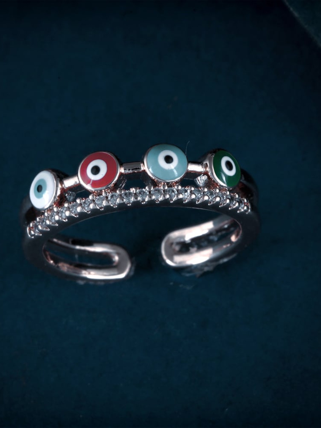

MEENAZ Silver-Plated CZ & AD Studded Evil Eye Ring