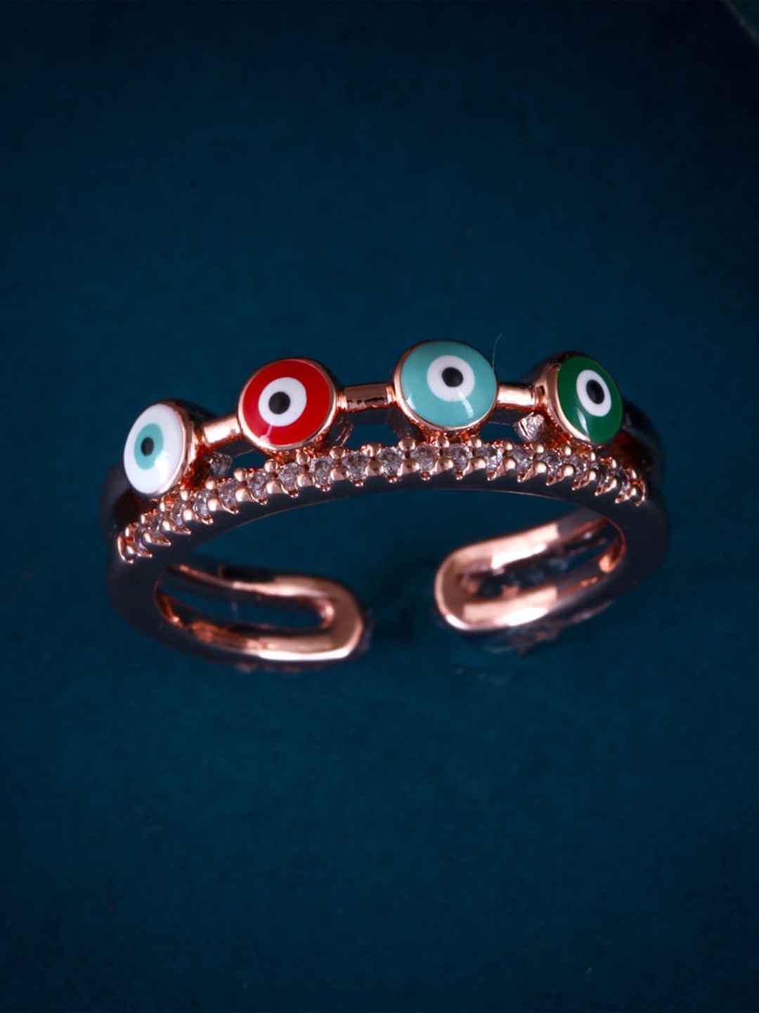 

MEENAZ Rose Gold-Plated Stainless Steel CZ & AD-Studded Evil Eye Adjustable Finger Ring