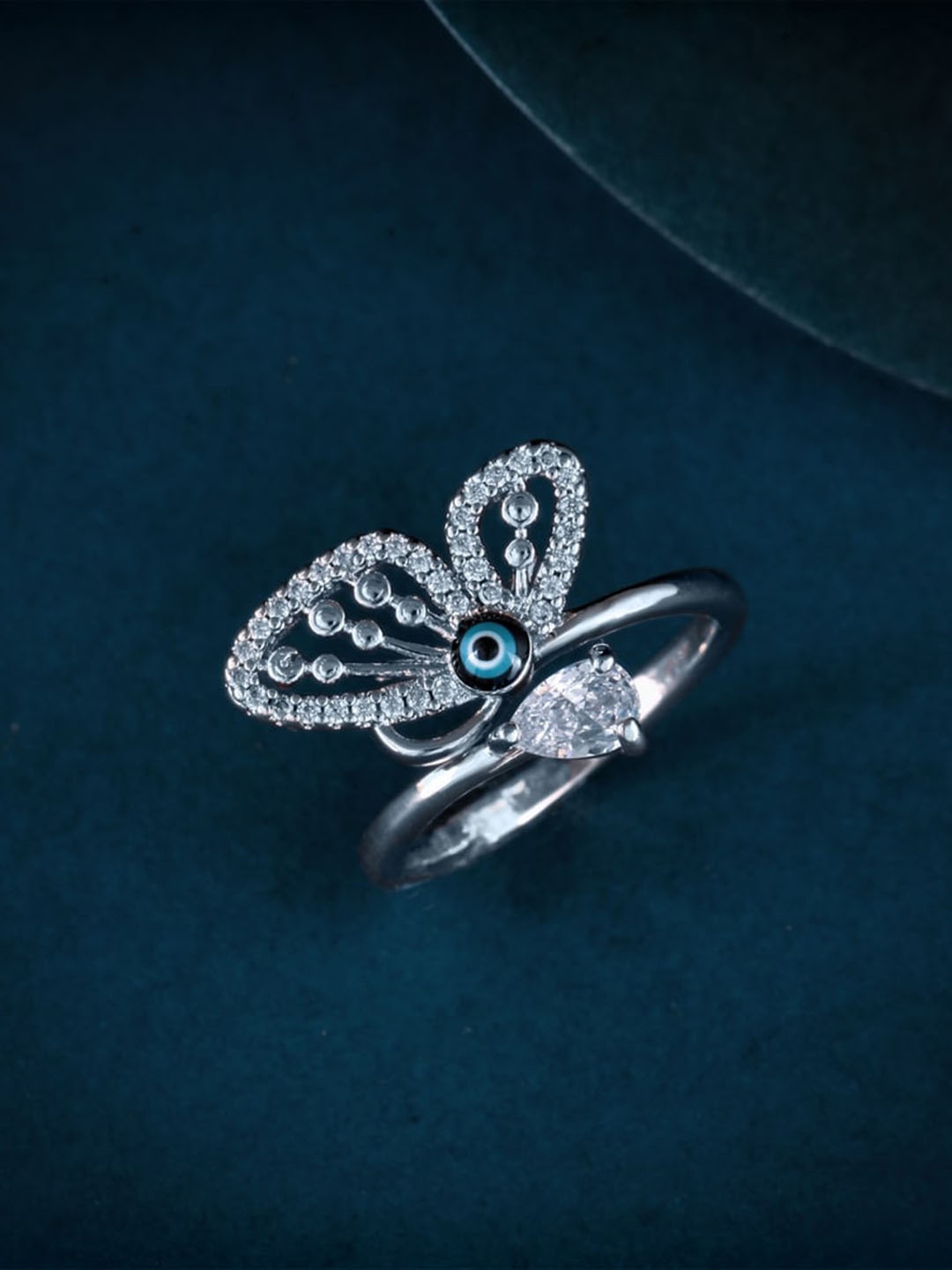 

MEENAZ Silver-Plated Cubic Zirconia & American Diamond-Studded Evil Eye Finger Ring