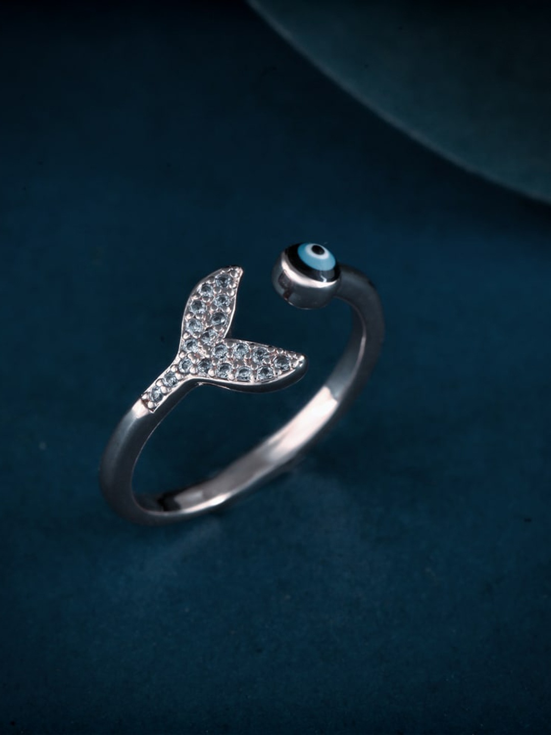 

MEENAZ Silver-Plated CZ & AD Studded Evil Eye Ring
