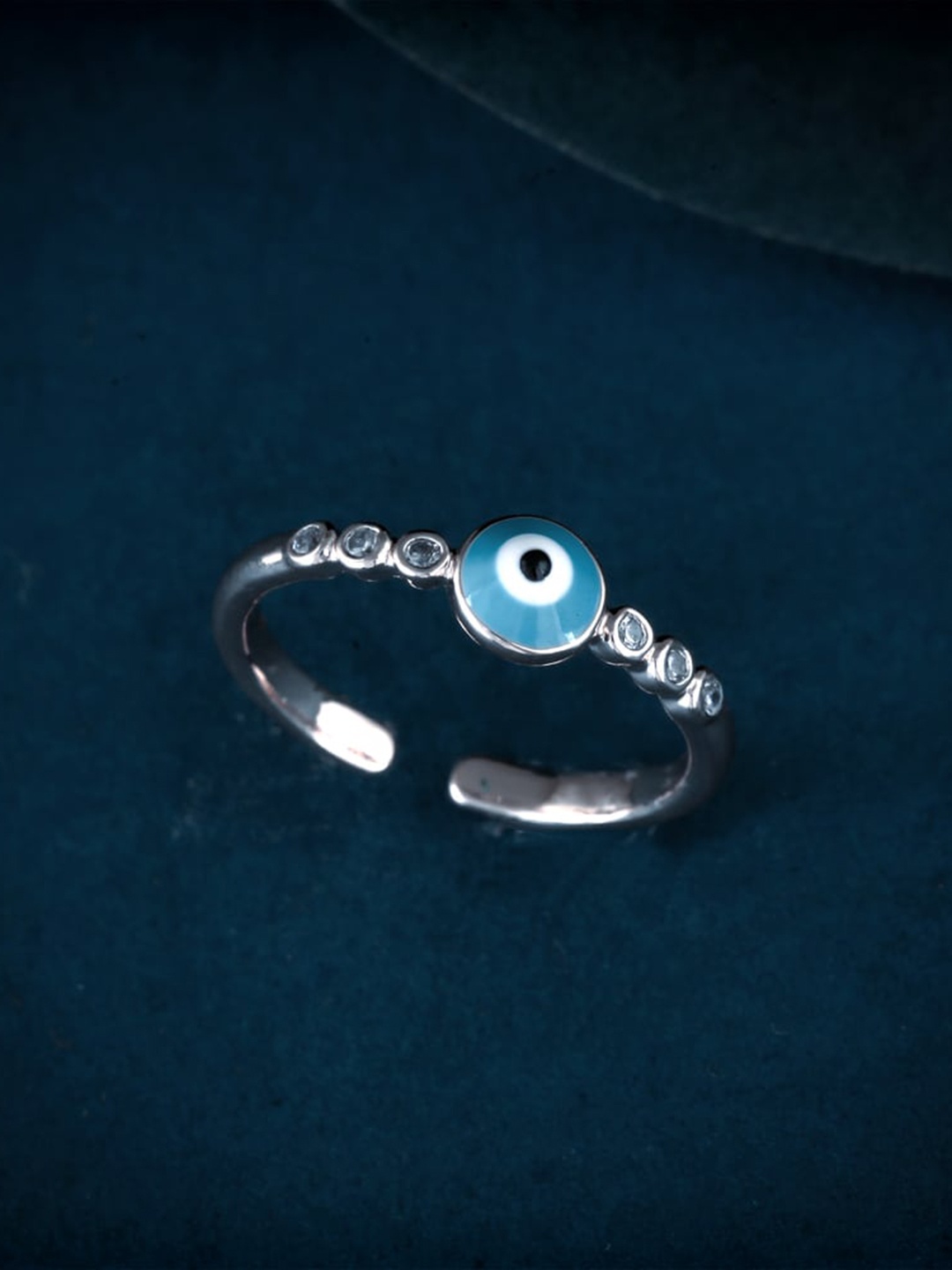 

MEENAZ Silver Plated CZ & AD Studded Evil Eye Stainless Steel Finger Ring