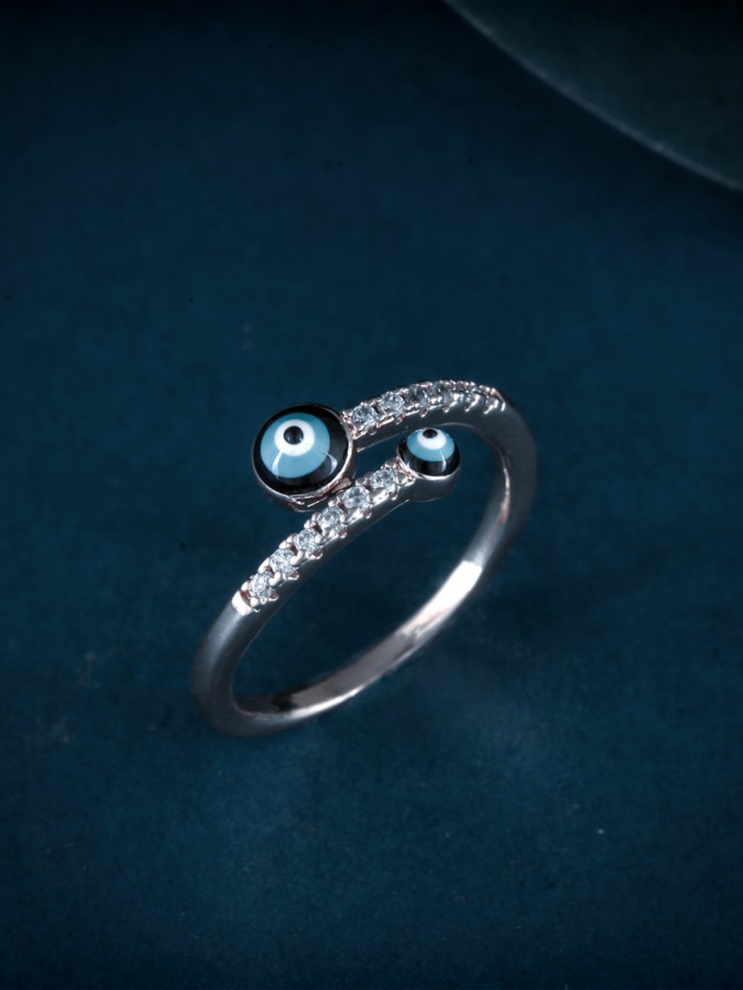 

MEENAZ Silver-Plated Cubic Zirconia & American Diamond-Studded Evil Eye Finger Ring