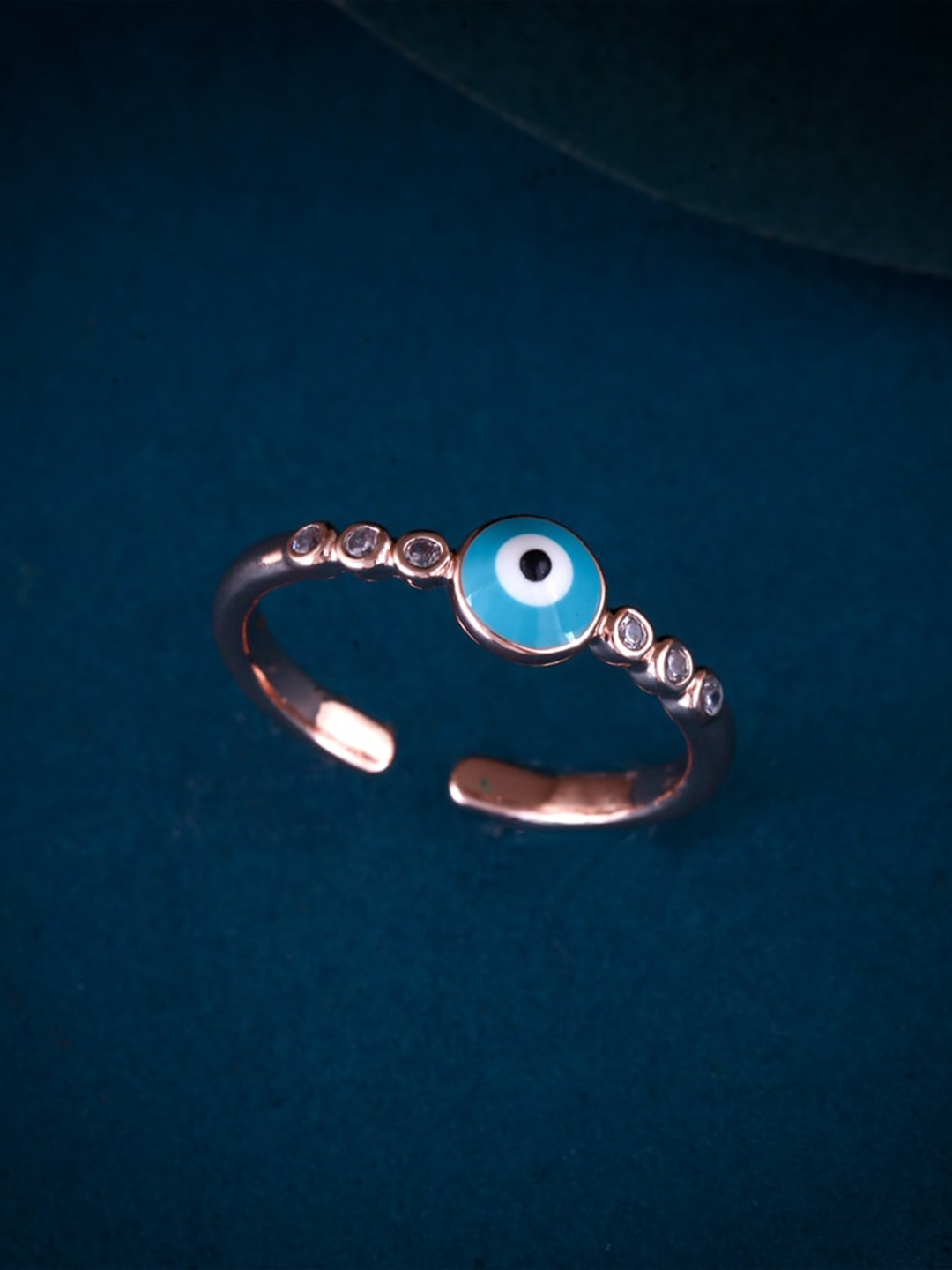 

MEENAZ Rose Gold Plated CZ & AD Studded Evil Eye Stainless Steel Finger Ring