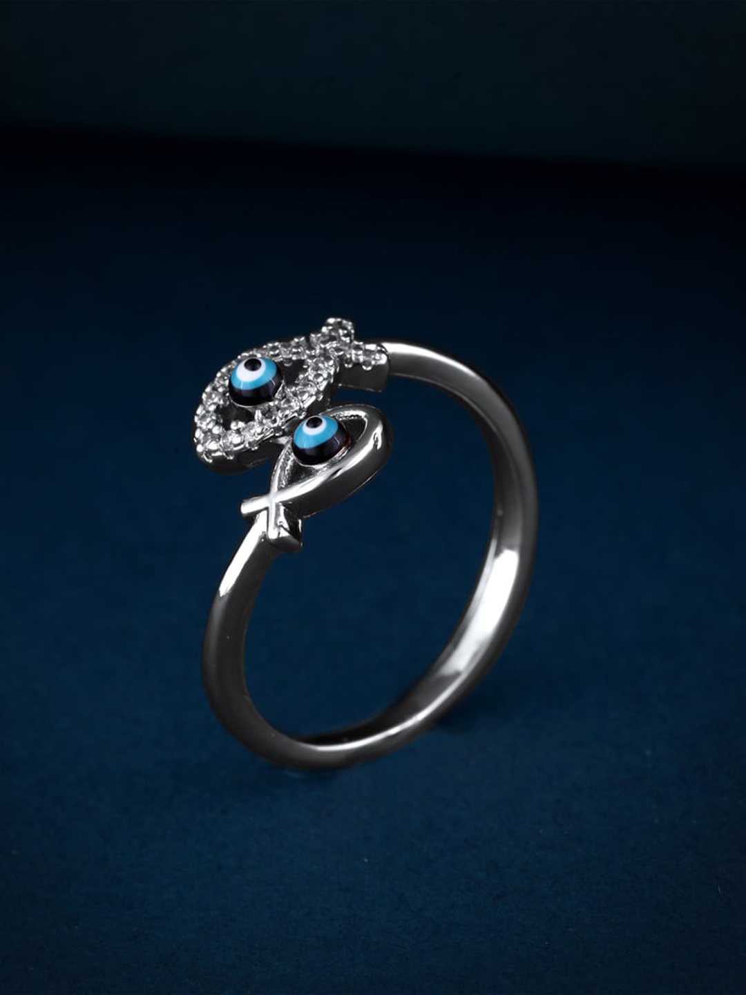 

MEENAZ Silver-Plated CZ & AD Studded Evil Eye Ring