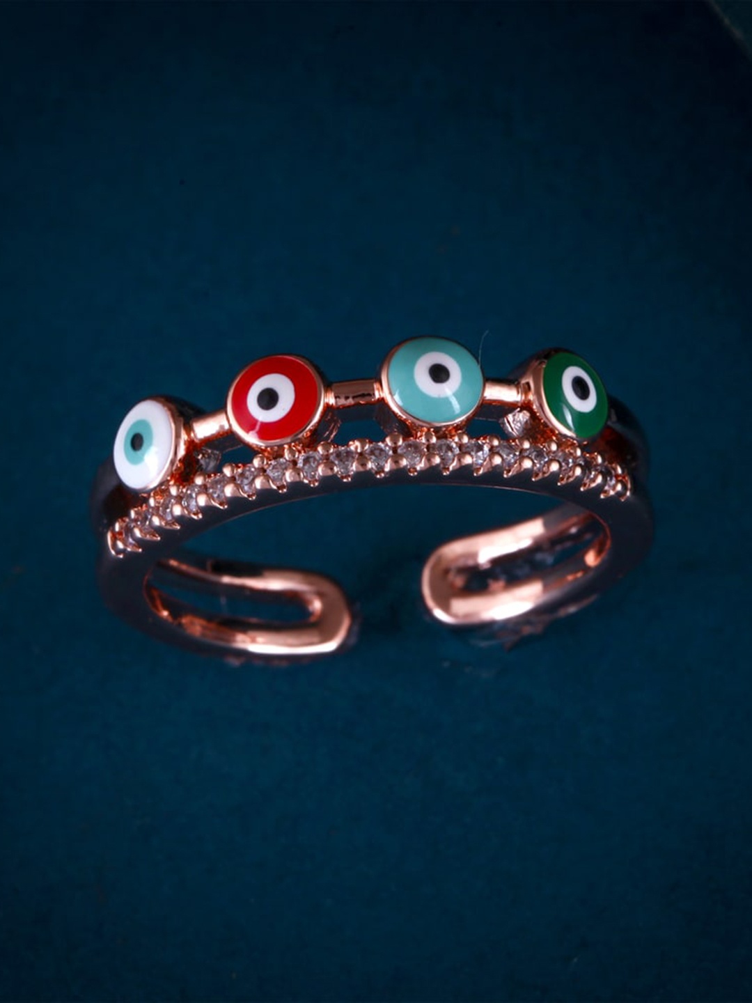 

MEENAZ Rose Gold-Plated CZ & AD Studded Evil Eye Ring