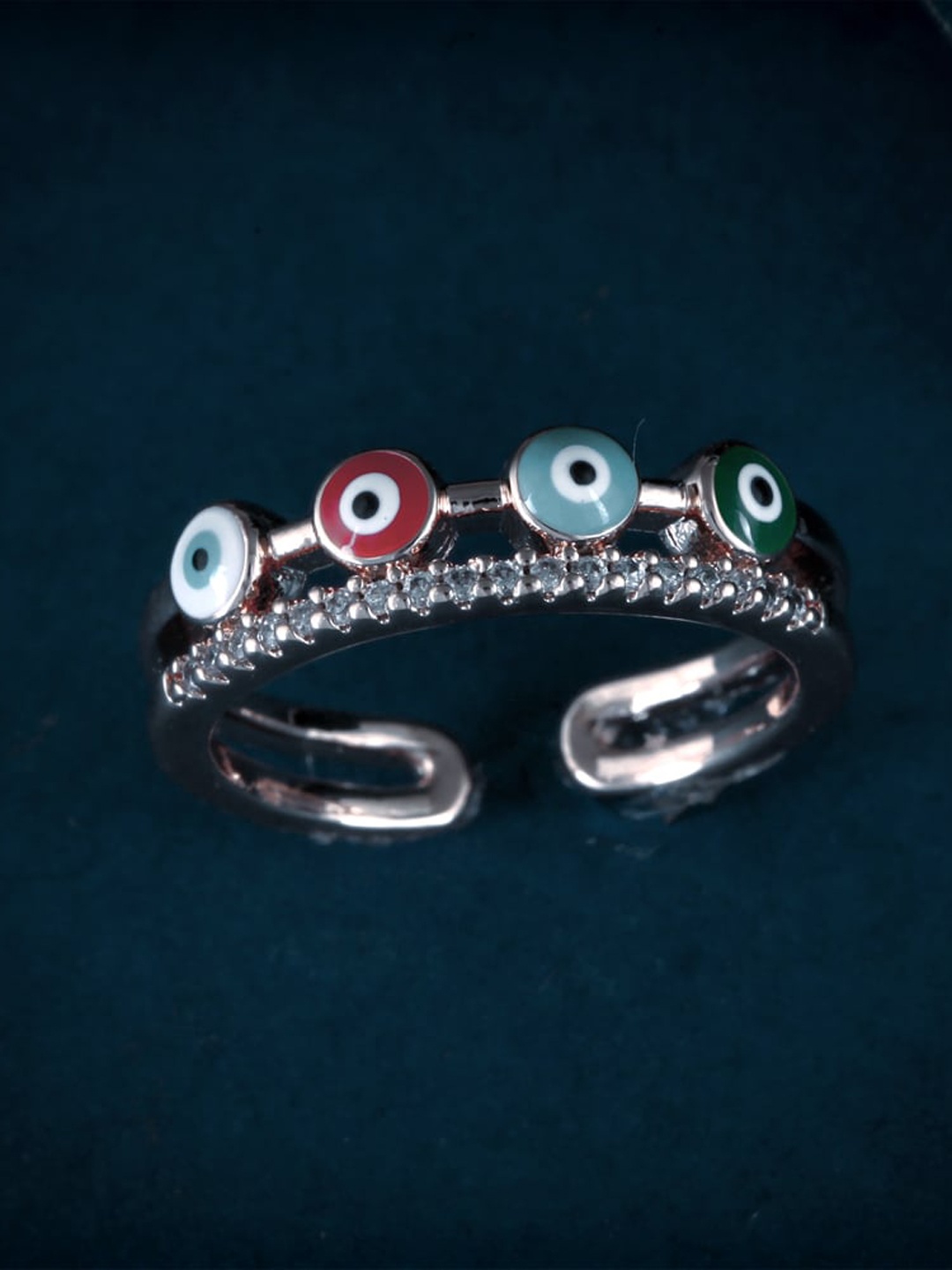 

MEENAZ Silver-Plated CZ & AD Studded Evil Eye Ring