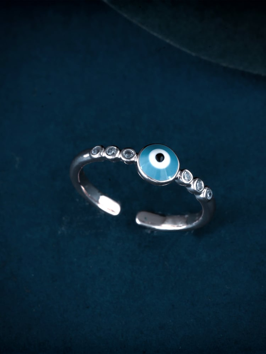 

MEENAZ Silver-Plated Cubic Zirconia & American Diamond-Studded Evil Eye Finger Ring