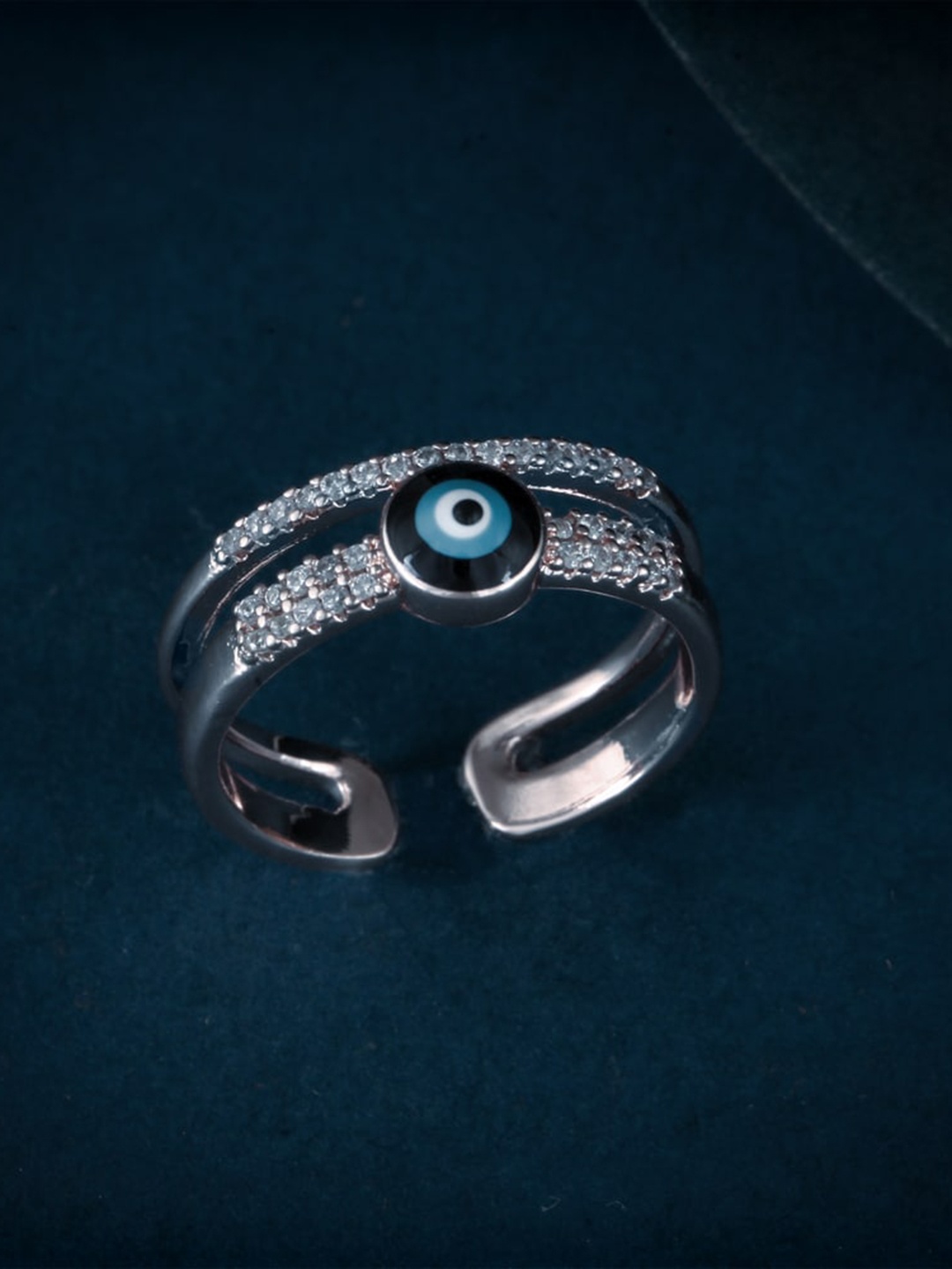 

MEENAZ Silver-Plated Cubic Zirconia & American Diamond-Studded Evil Eye Finger Ring