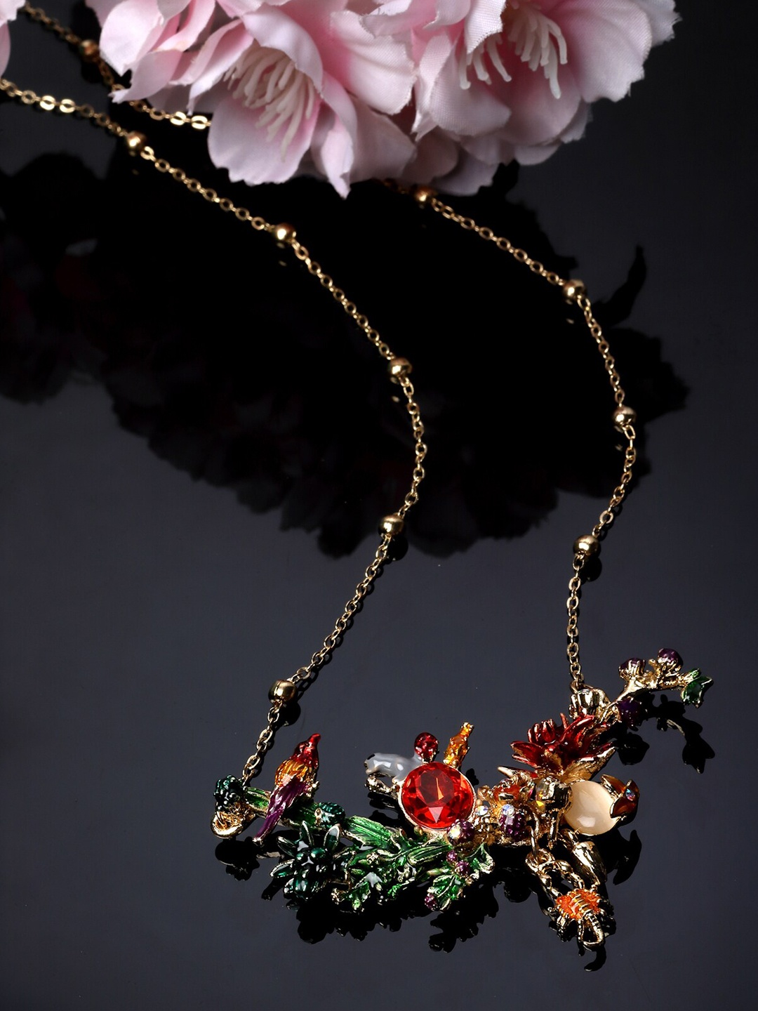 

AVANT-GARDE PARIS Gold Plated Rhinestone Studded Enamelled Floral Necklace