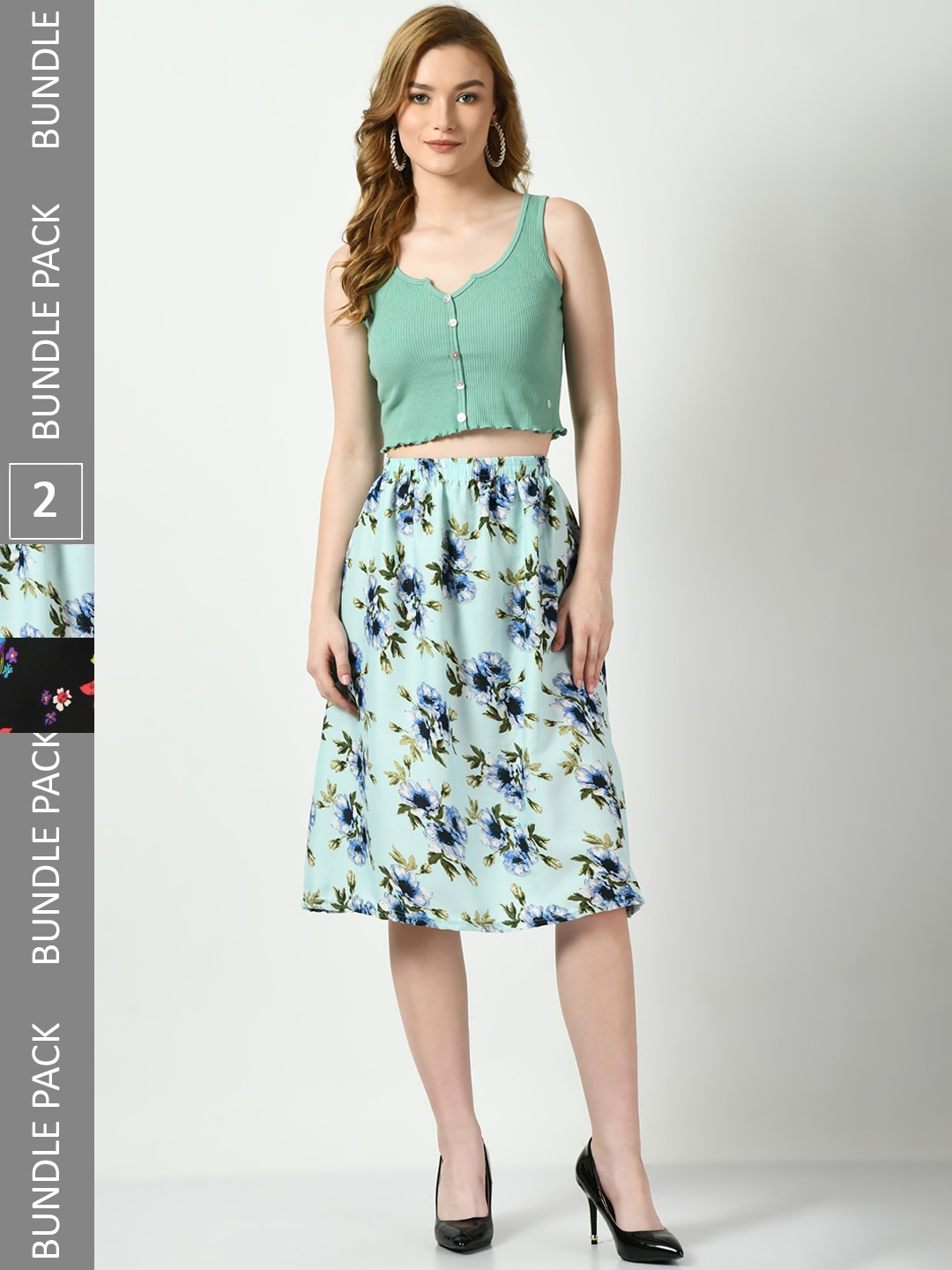 

BAESD Pack Of 2 Floral Printed A-Line Skirts, Green