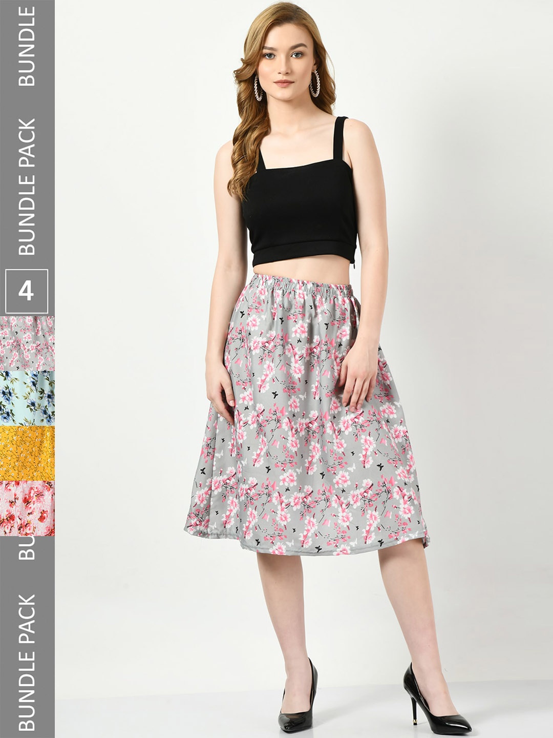 

BAESD Pack Of 4 Floral Printed Flared Midi Crepe Skirts, Grey