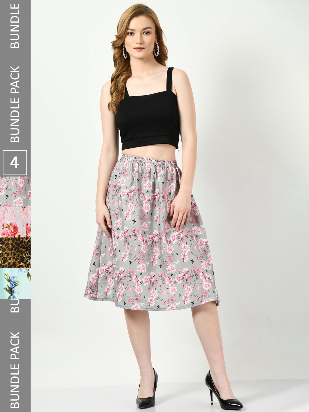 

BAESD Pack Of 4 Digital Floral Printed Skirts, Grey