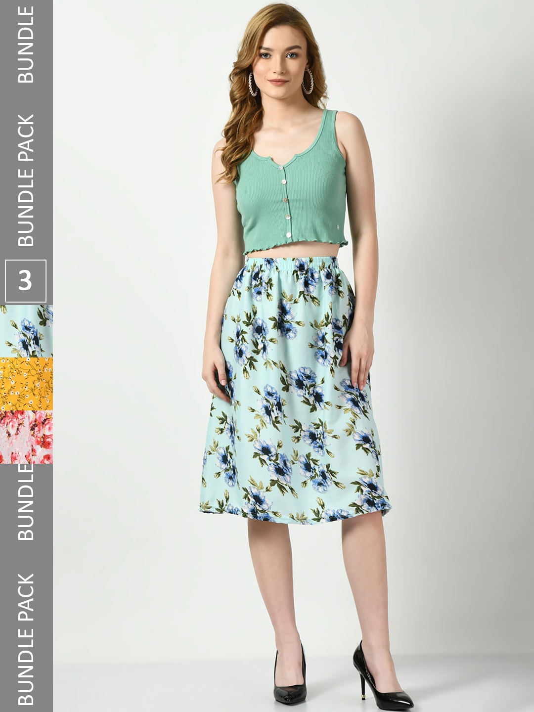 

BAESD Pack Of 3 Floral Printed A-Line Skirts, Green