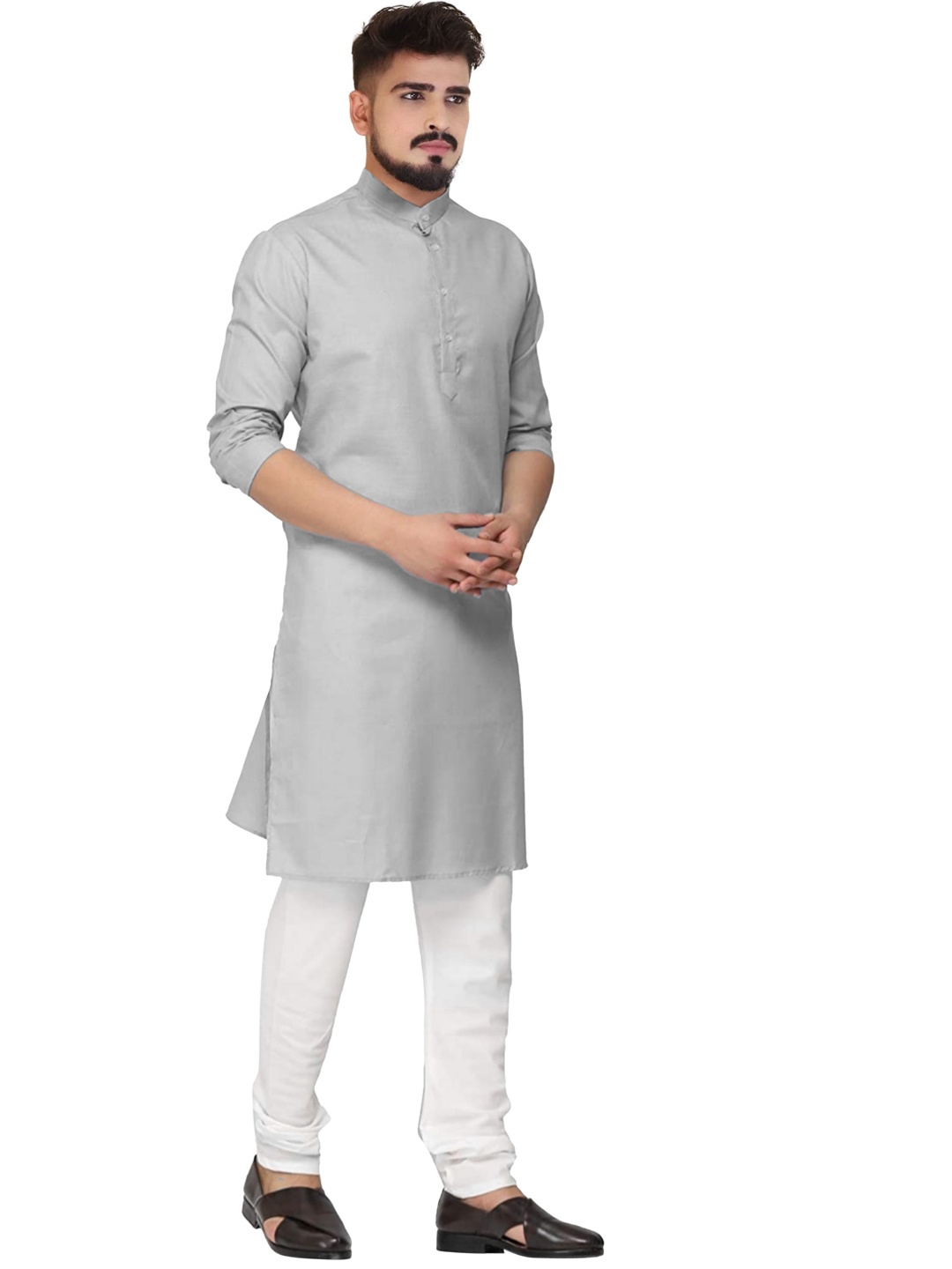 

CELLUX Mandarin Collar Kurta With Pyjamas, Grey melange