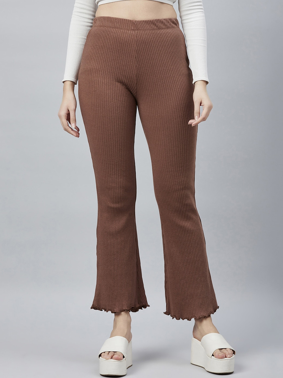 

Blinkin Women High Rise Slim fit Flared Bootcut Trousers, Brown