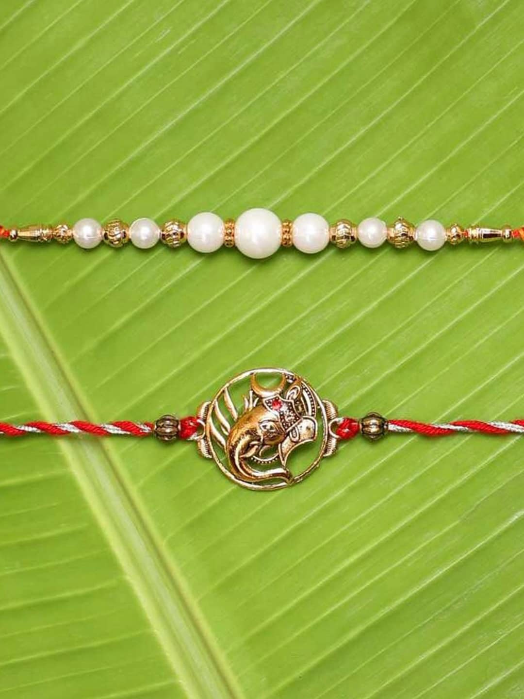 

eCraftIndia Set Of 2 Ganesha Beaded Tie-Up Rakhi With Roli Chawal, White