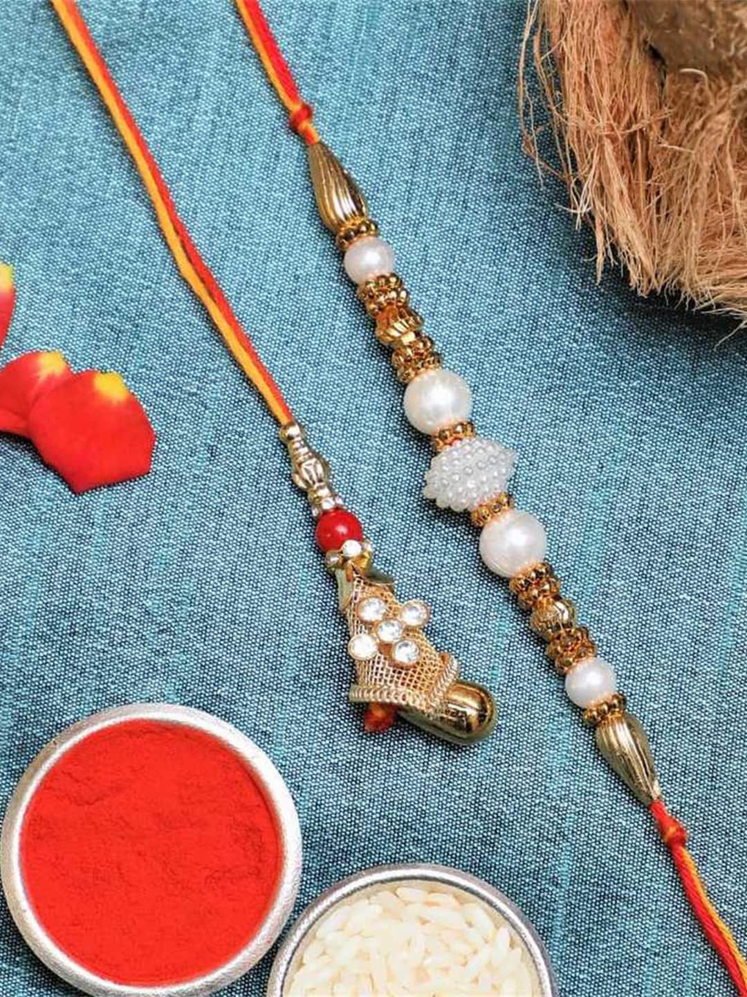 

eCraftIndia Set Of 2 Bhaiya Bhabhi Thread Rakhis With Roli Chawal & Greetings Card, Red