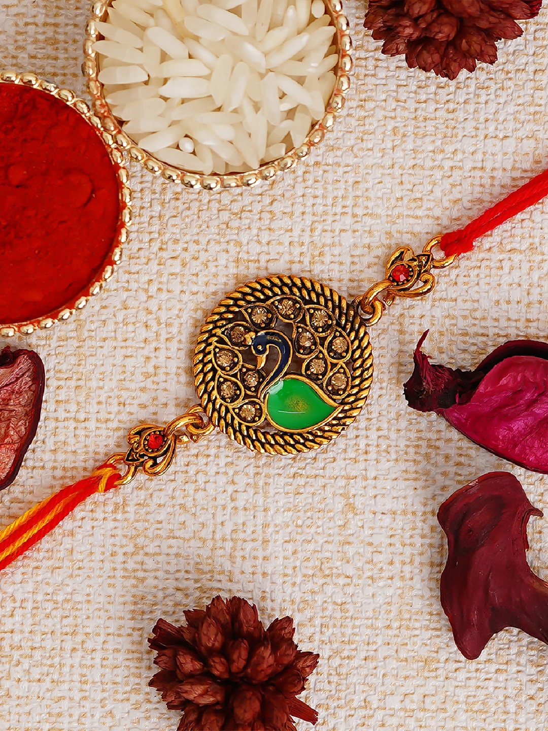 

eCraftIndia Designer Peacock Rakhi With Roli Chawal Pack, Red