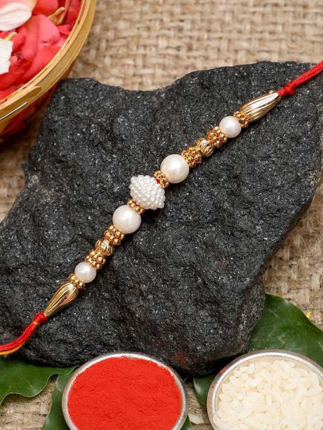 

eCraftIndia Beaded Tie-Up Rakhi With Roli Chawal, White