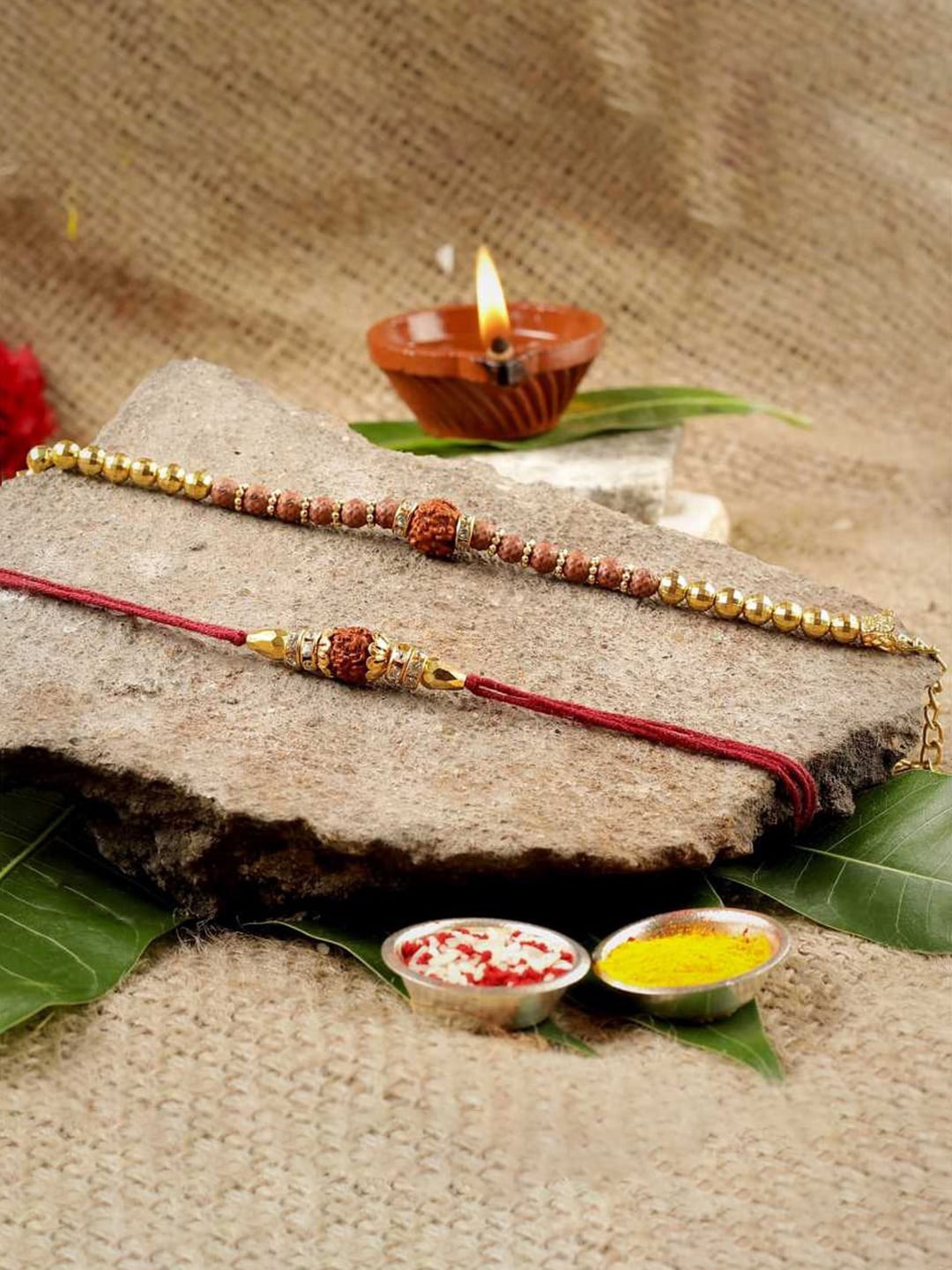 

eCraftIndia Set of 2 Brown Rudraksha Rakhis With Roli Chawal Pack, Red