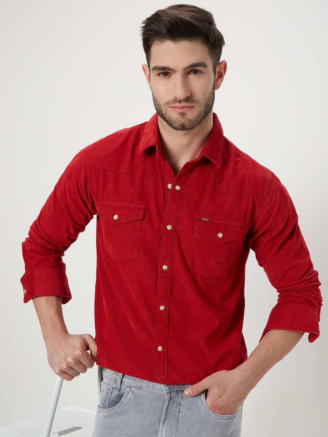 

Mufti Slim Fit Corduroy Spread Collar Pure Cotton Casual Shirt, Red