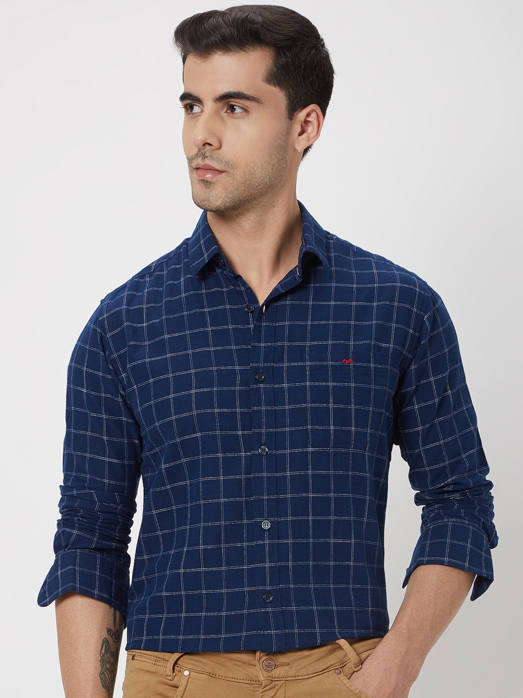

Mufti Slim Fit Grid Tattersall Checked Casual Pure Cotton Shirt, Navy blue