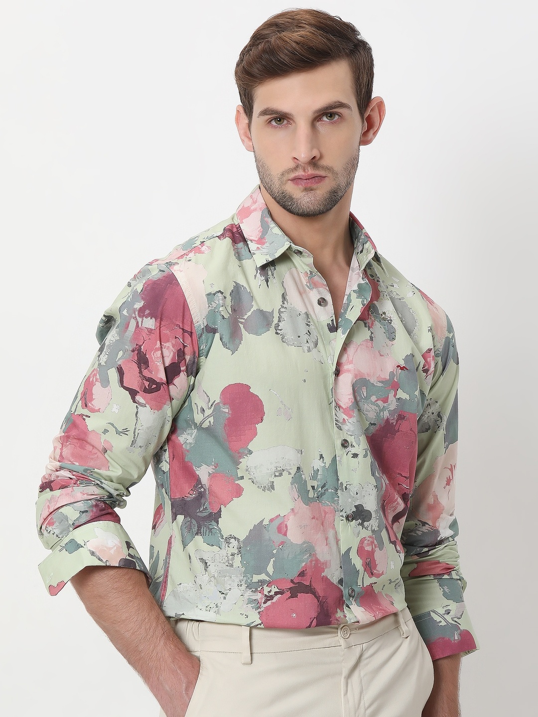 

Mufti Floral Printed Slim Fit Opaque Cotton Casual Shirt, Green