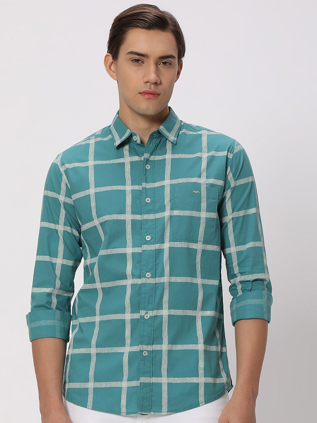 

Mufti Windowpane Checked Slim Fit Pure Cotton Casual Shirt, Turquoise blue