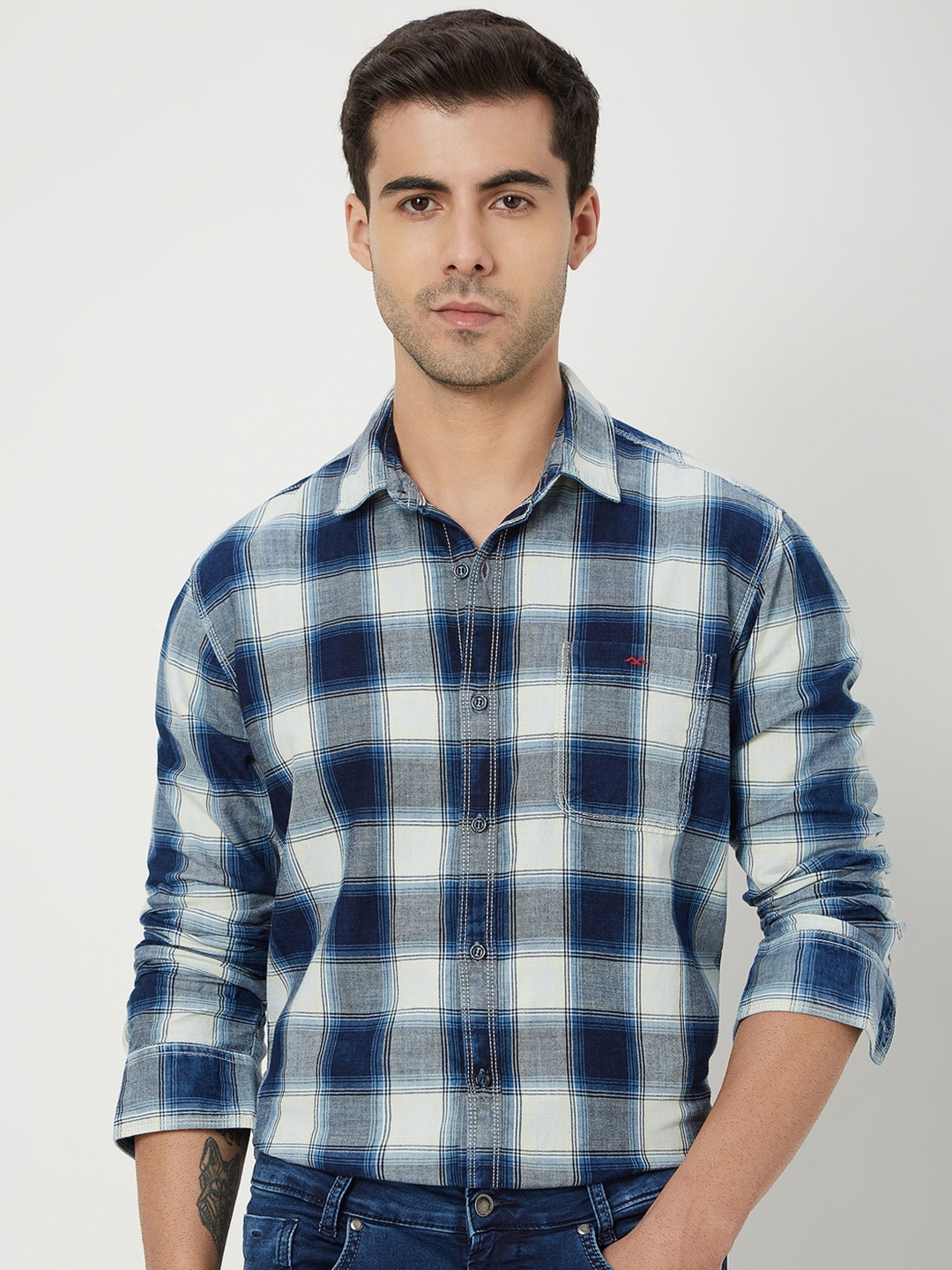 

Mufti Tartan Checked Slim Fit Opaque Cotton Casual Shirt, Navy blue