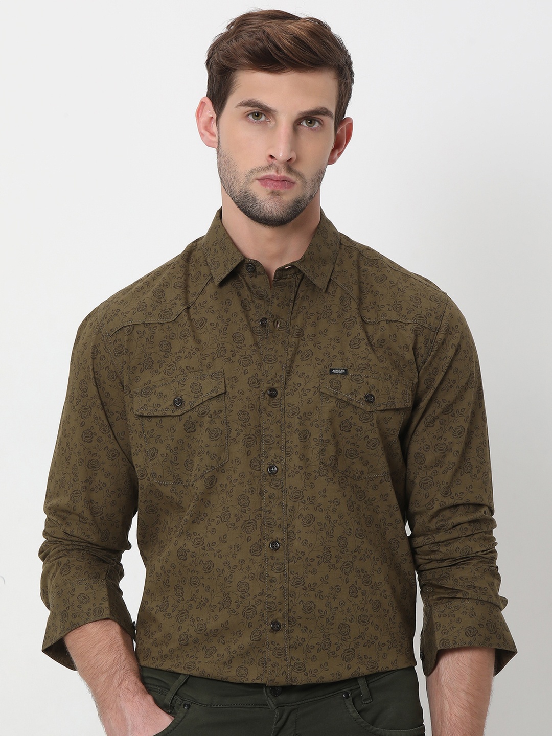 

Mufti Slim Fit Floral Printed Pure Cotton Casual Shirt, Olive