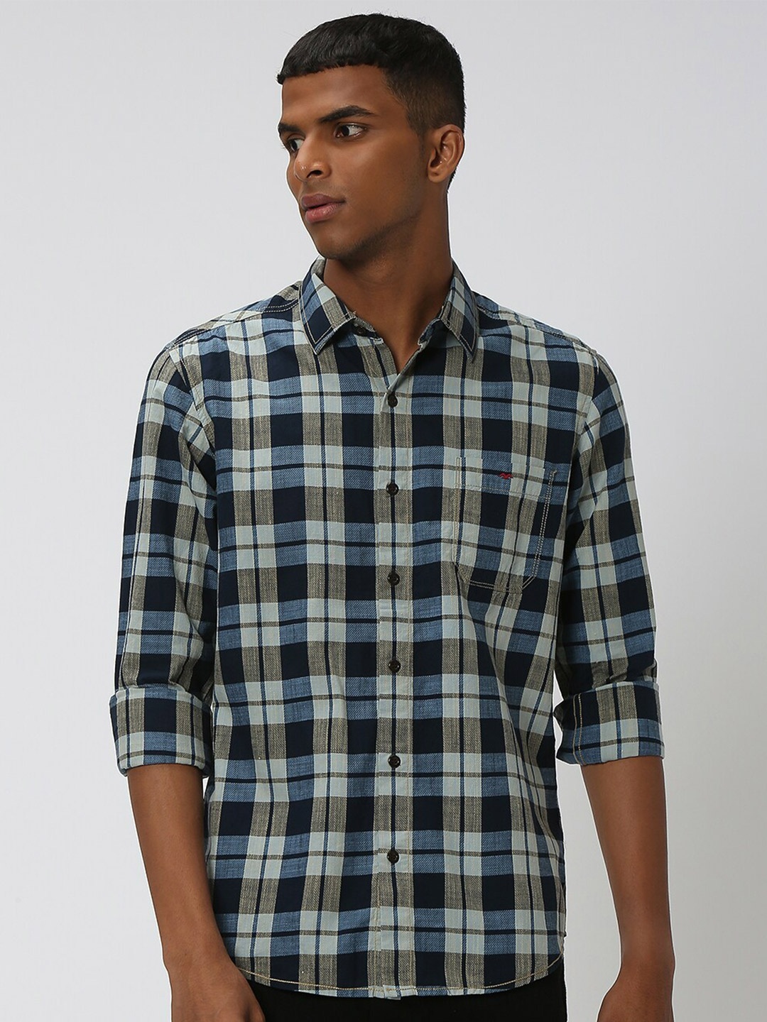 

Mufti Slim Fit Tartan Checked Casual Pure Cotton Shirt, Navy blue