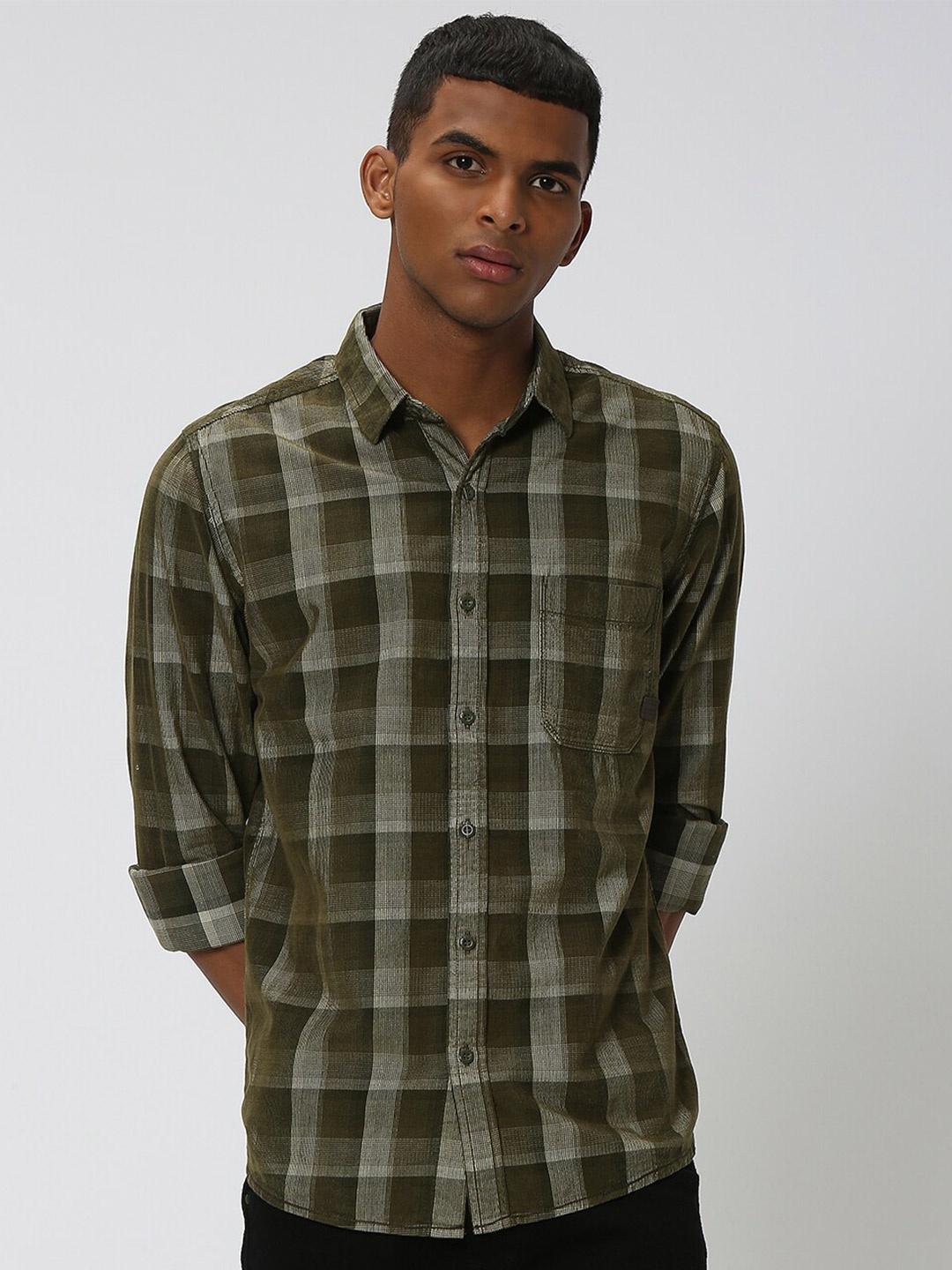 

Mufti Slim Fit Buffalo Checked Casual Pure Cotton Shirt, Olive