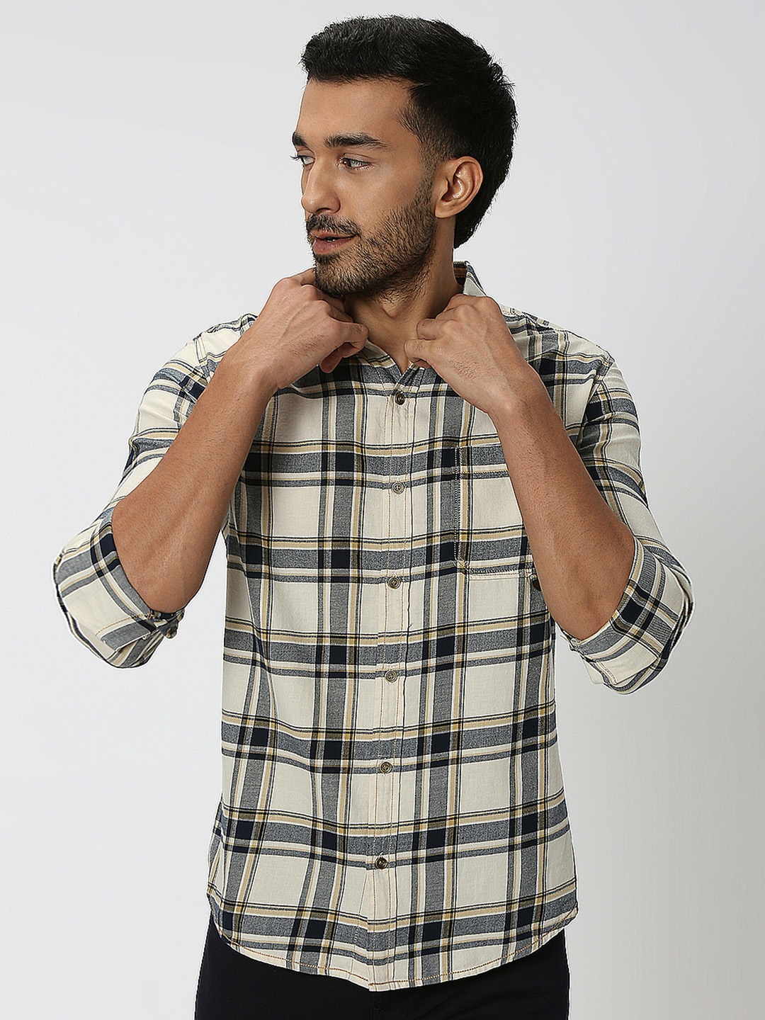 

Mufti Tartan Checked Slim Fit Flannel Pure Cotton Casual Shirt, Cream