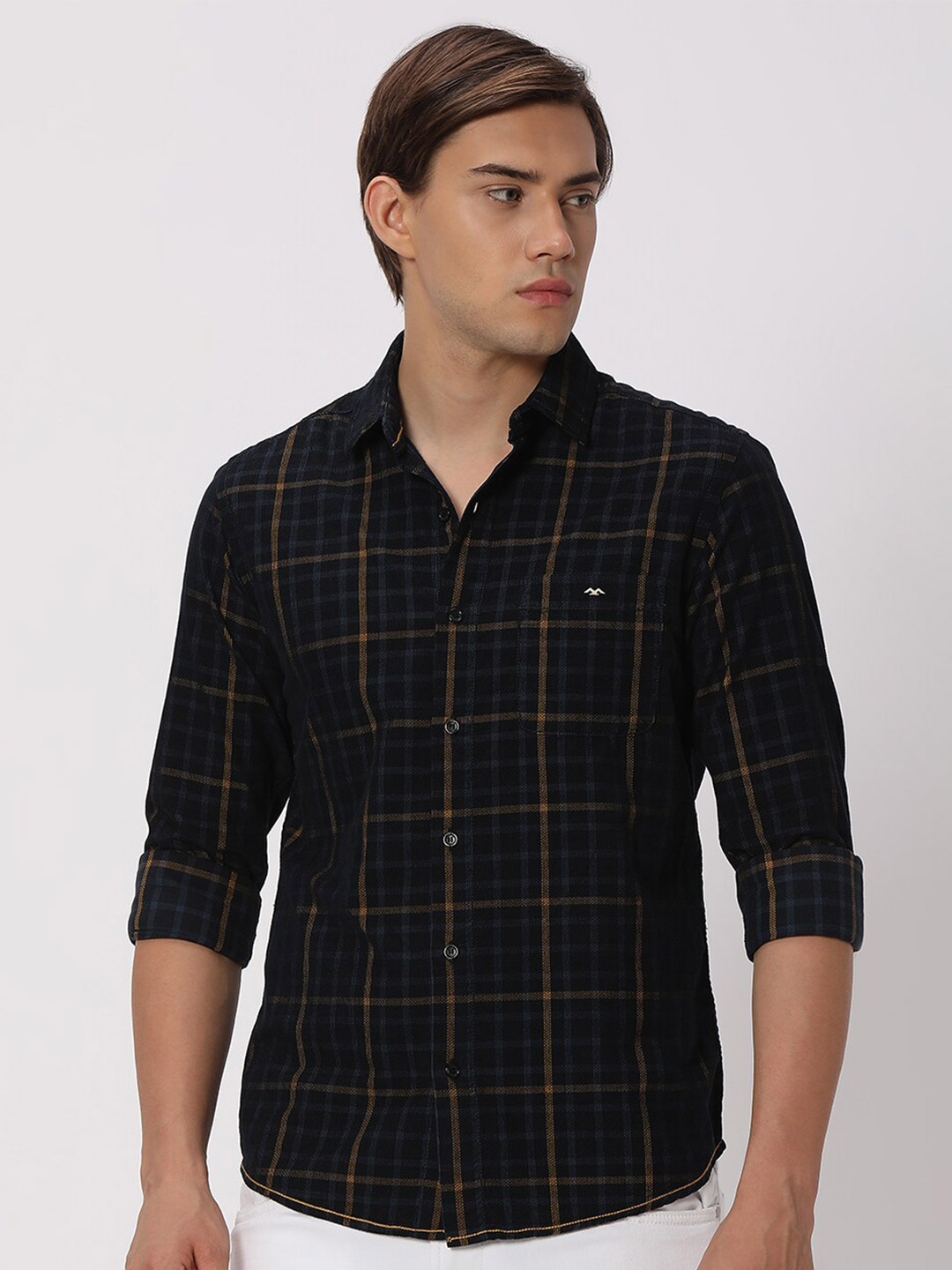 

Mufti Slim Fit Tartan Checked Casual Pure Cotton Shirt, Navy blue
