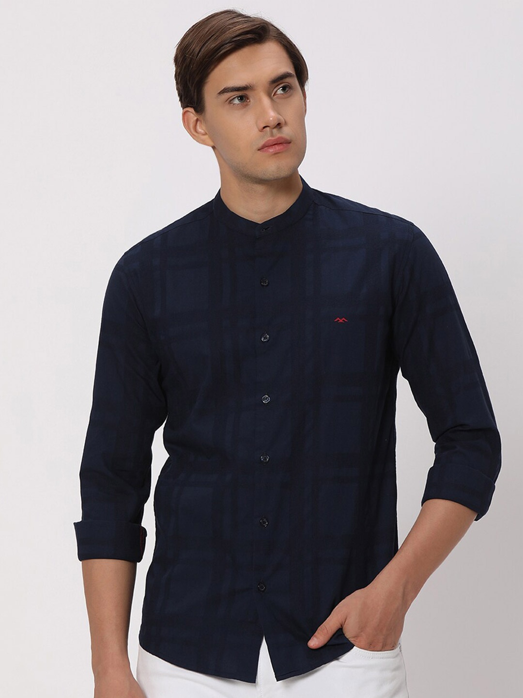 

Mufti Slim Fit Tartan Checked Casual Pure Cotton Shirt, Navy blue