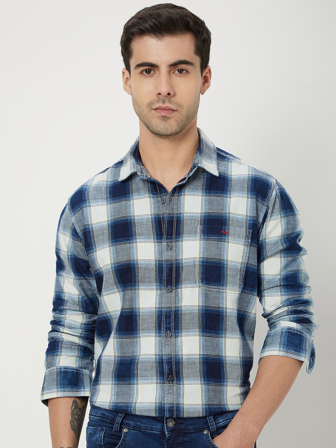 

Mufti Slim Fit Tartan Checks Spread Collar Long Sleeve Pocket Cotton Casual Shirt, Navy blue