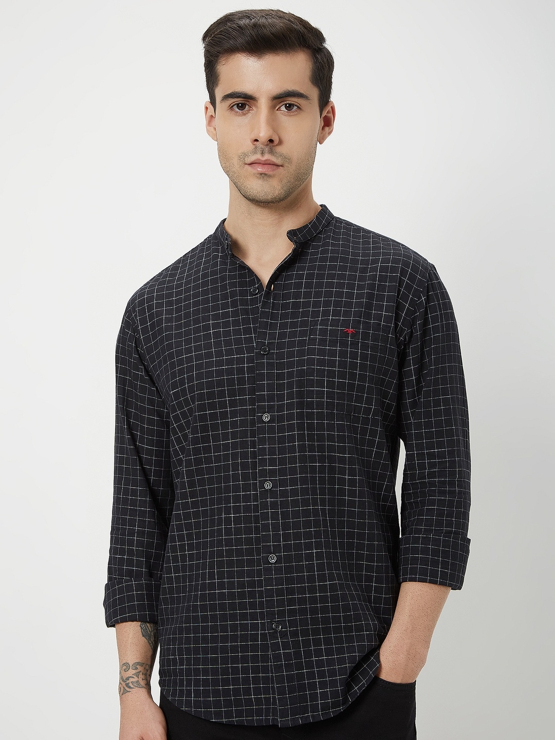 

Mufti Slim Fit Grid Tattersall Checks Band Collar Long Sleeve Cotton Casual Shirt, Black