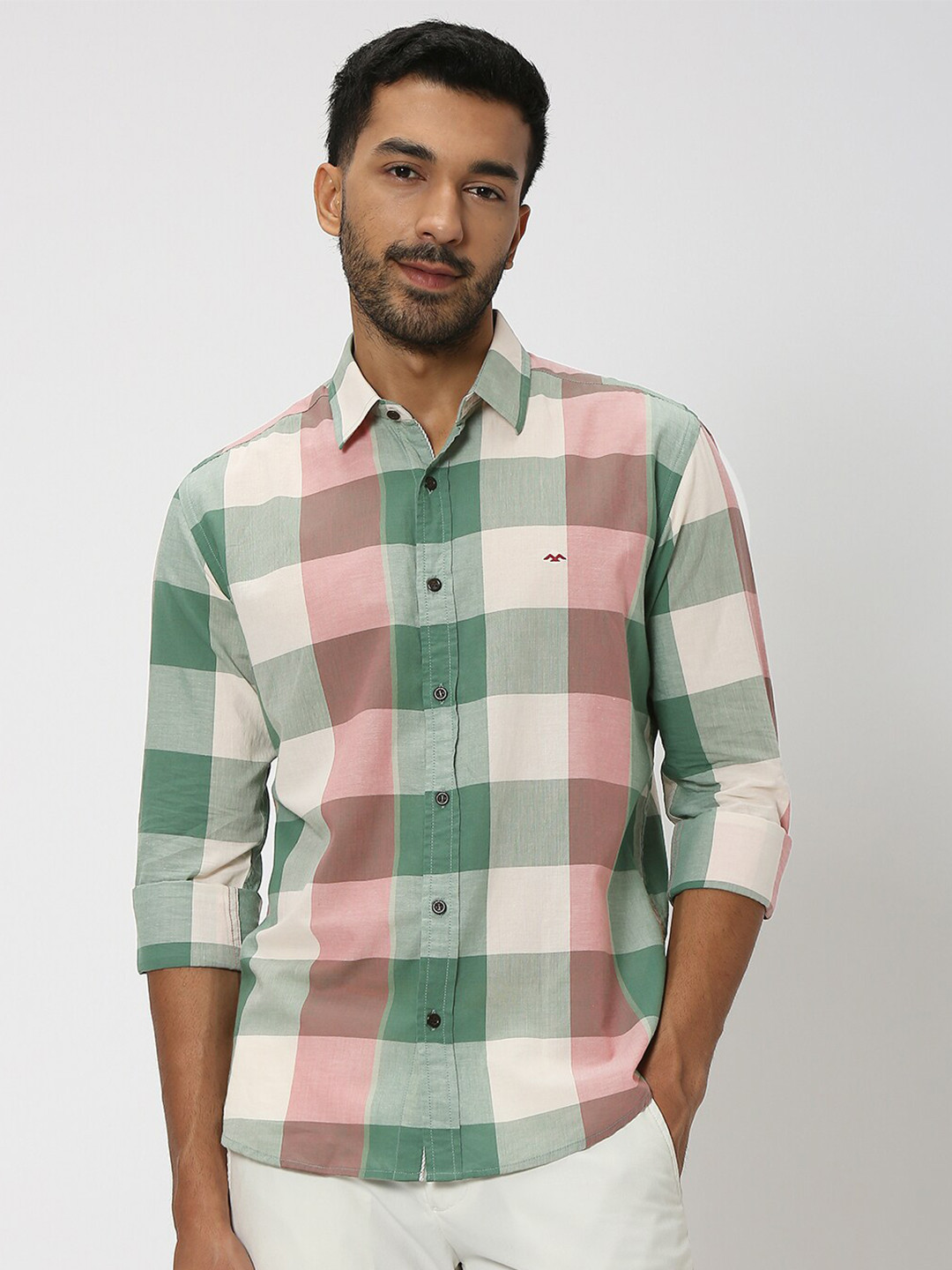 

Mufti Slim Fit Buffalo Checks Spread Collar Long sleeve Cotton Casual Shirt, Beige