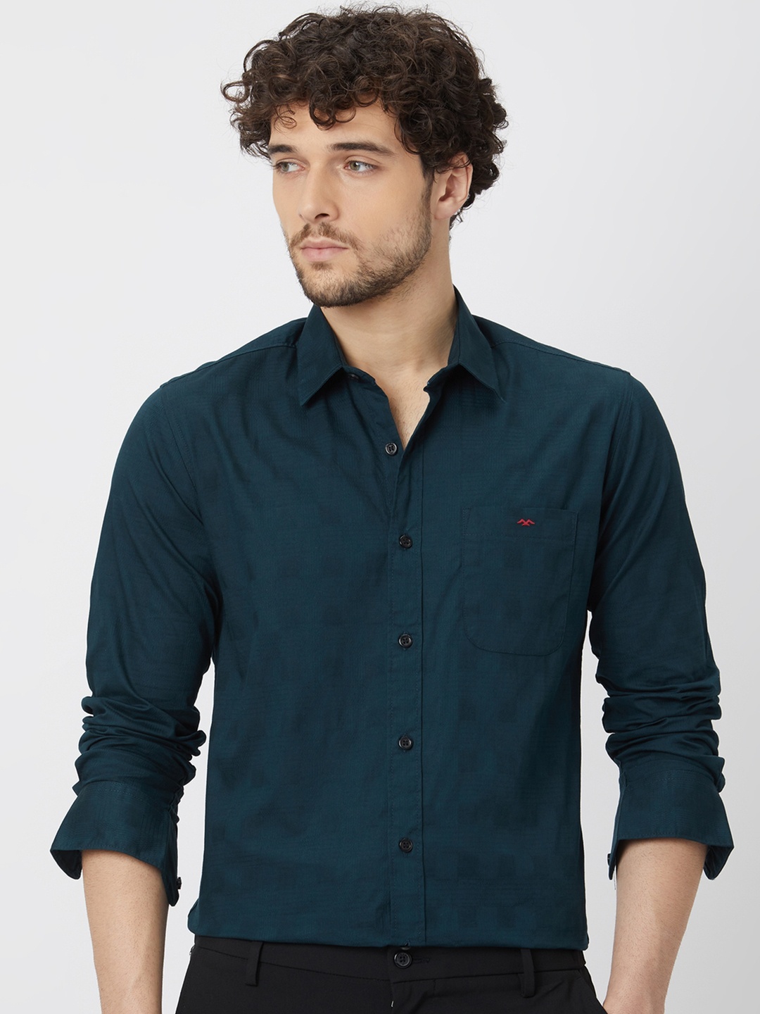 

Mufti Slim Fit Spread Collar Long Sleeve Pure Cotton Casual Shirt, Teal