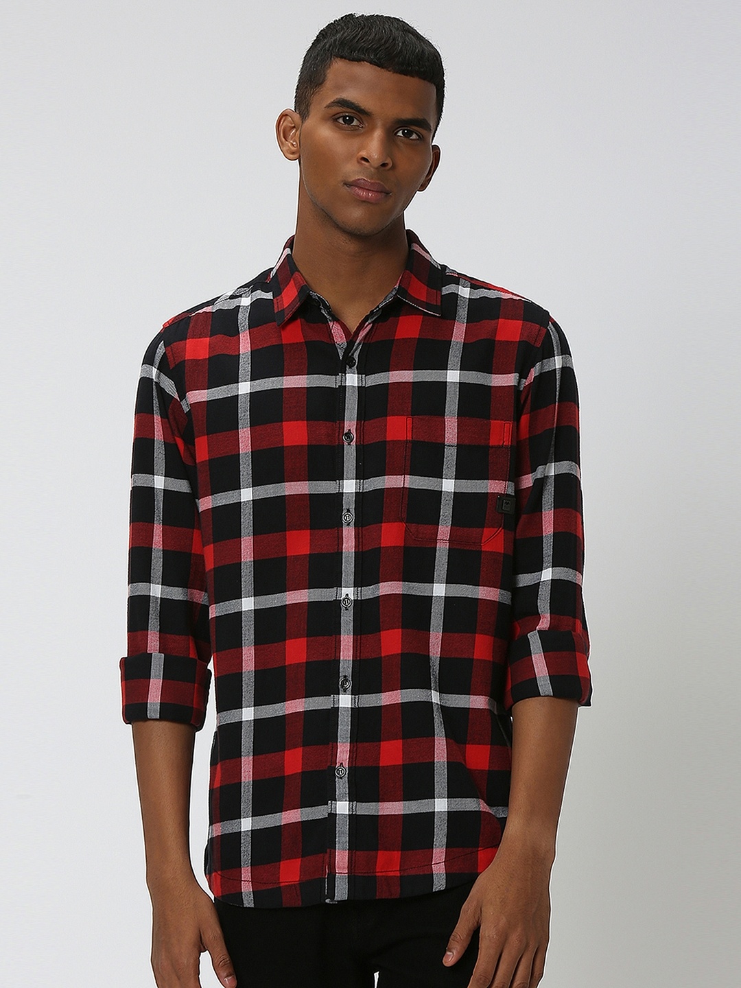 

Mufti Slim Fit Tartan Checks Spread Collar Long Sleeve Cotton Casual Shirt, Red