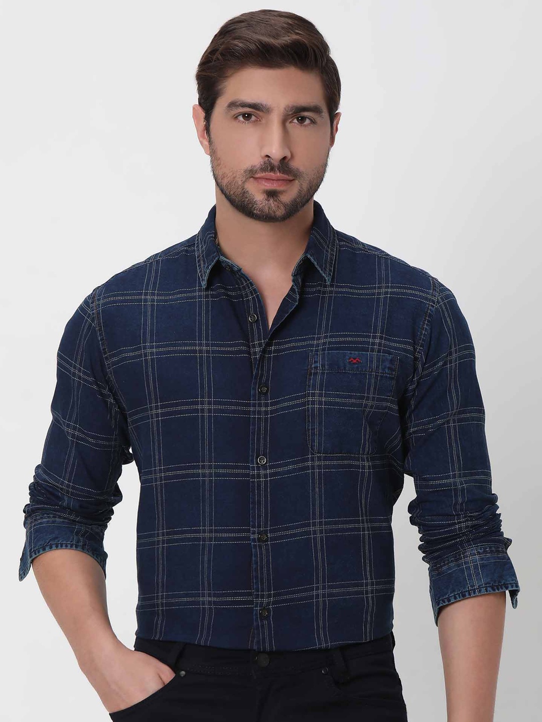 

Mufti Slim Fit Tartan Checks Spread Collar Long Sleeve Casual Shirt, Navy blue