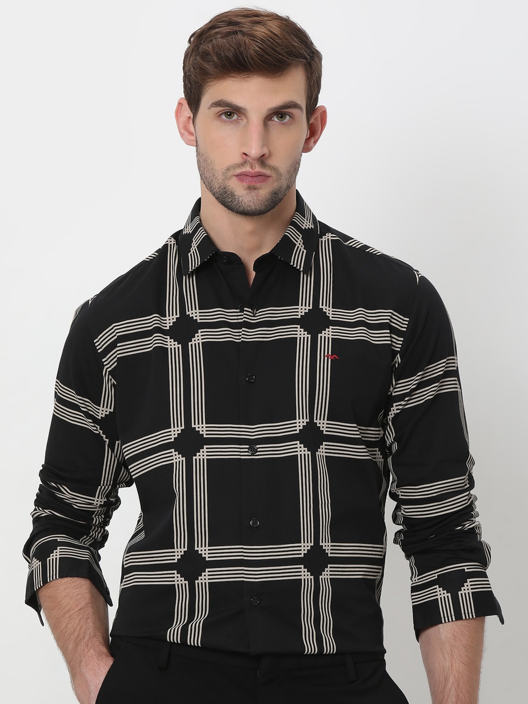 

Mufti Slim Fit Geometric Printed Spread Collar Long Sleeve Cotton Casual Shirt, Black