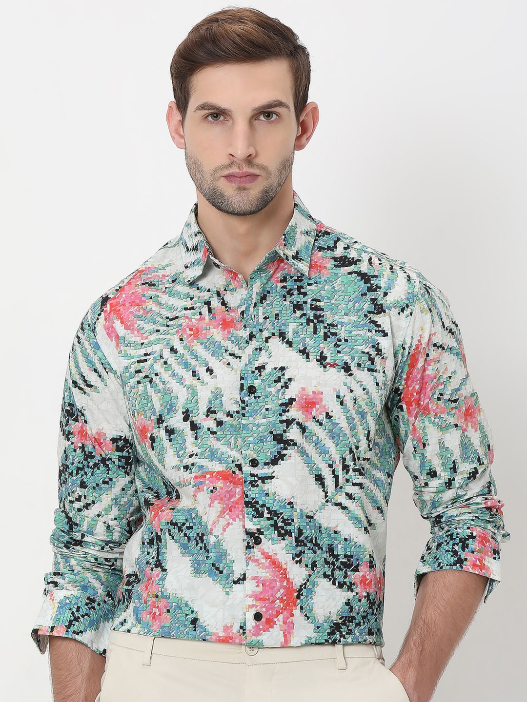 

Mufti Slim Fit Floral Printed Spread Collar Long Sleeve Cotton Casual Shirt, Green