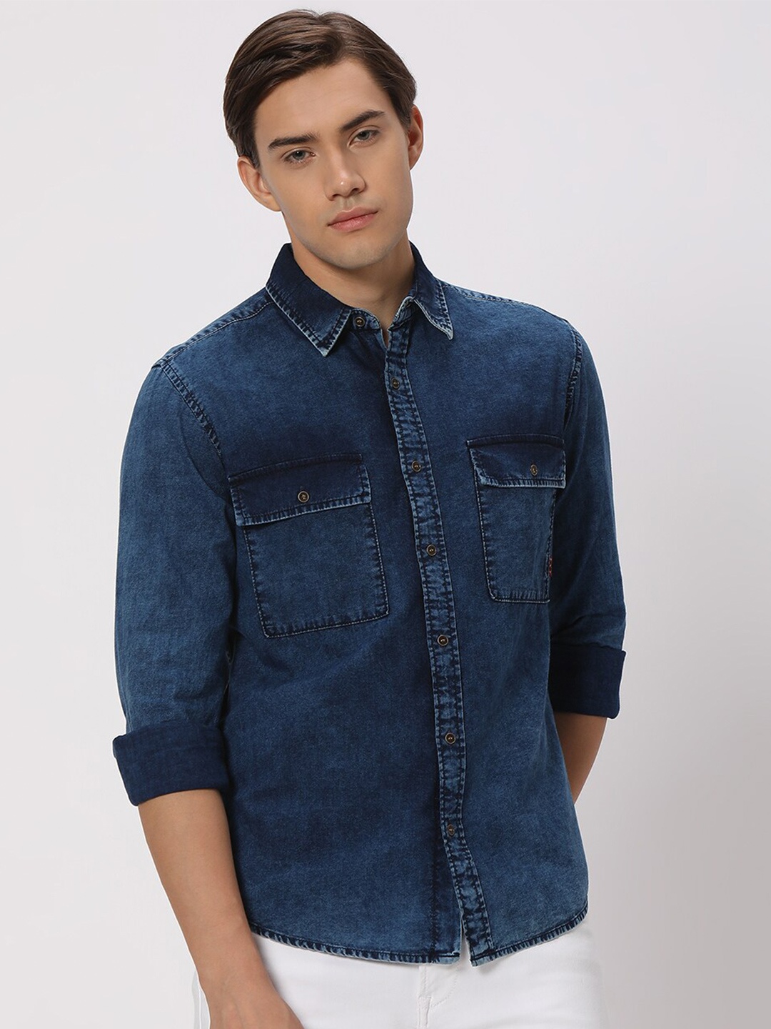 

Mufti Slim Fit Faded Spread Collar Long Sleeve Cotton Casual Shirt, Navy blue