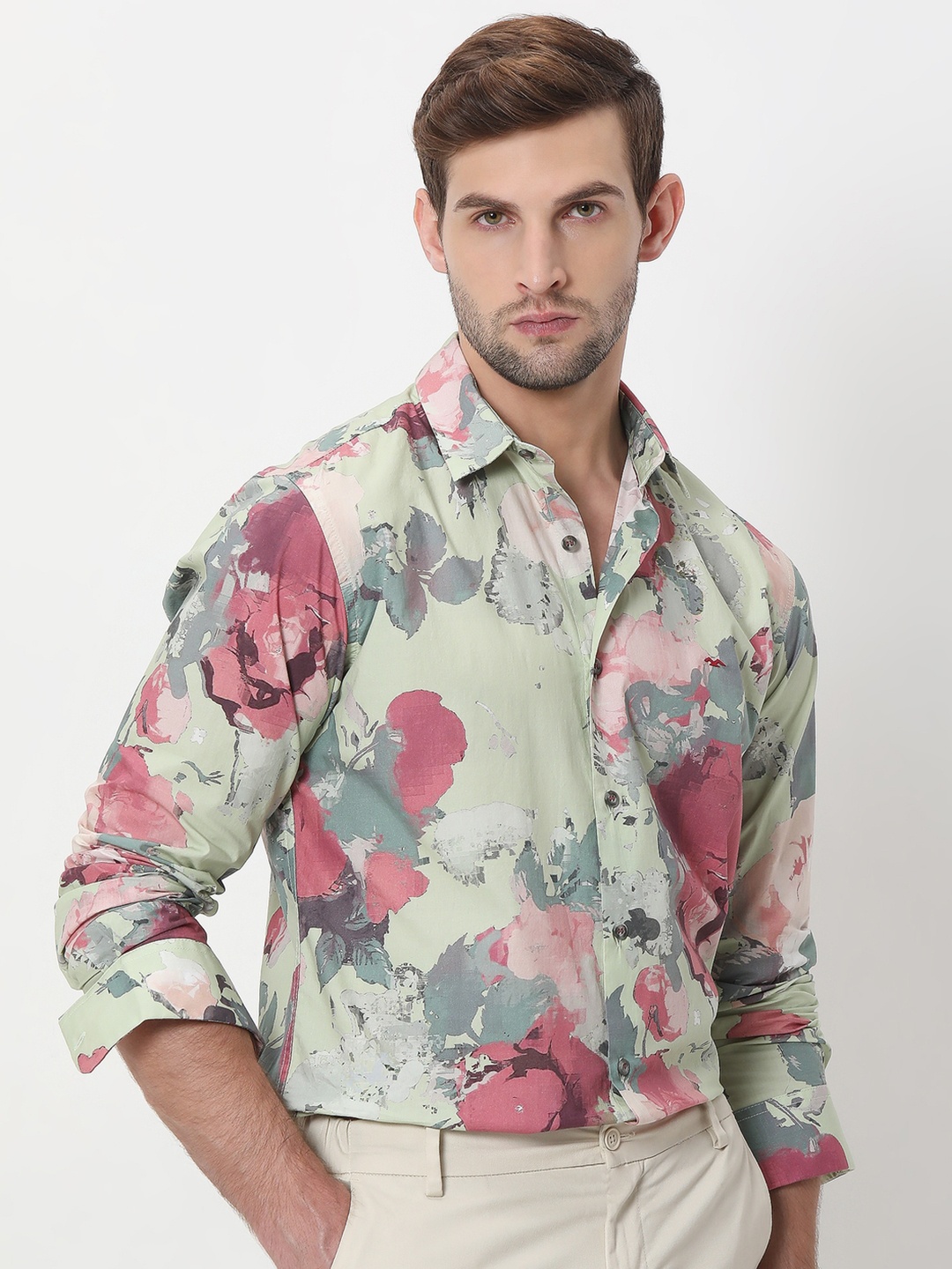 

Mufti Slim Fit Floral Printed Spread Collar Long Sleeve Cotton Casual Shirt, Green