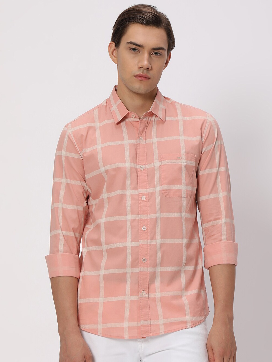 

Mufti Slim Fit Windowpane Checks Spread Collar Long Sleeve Cotton Casual Shirt, Pink