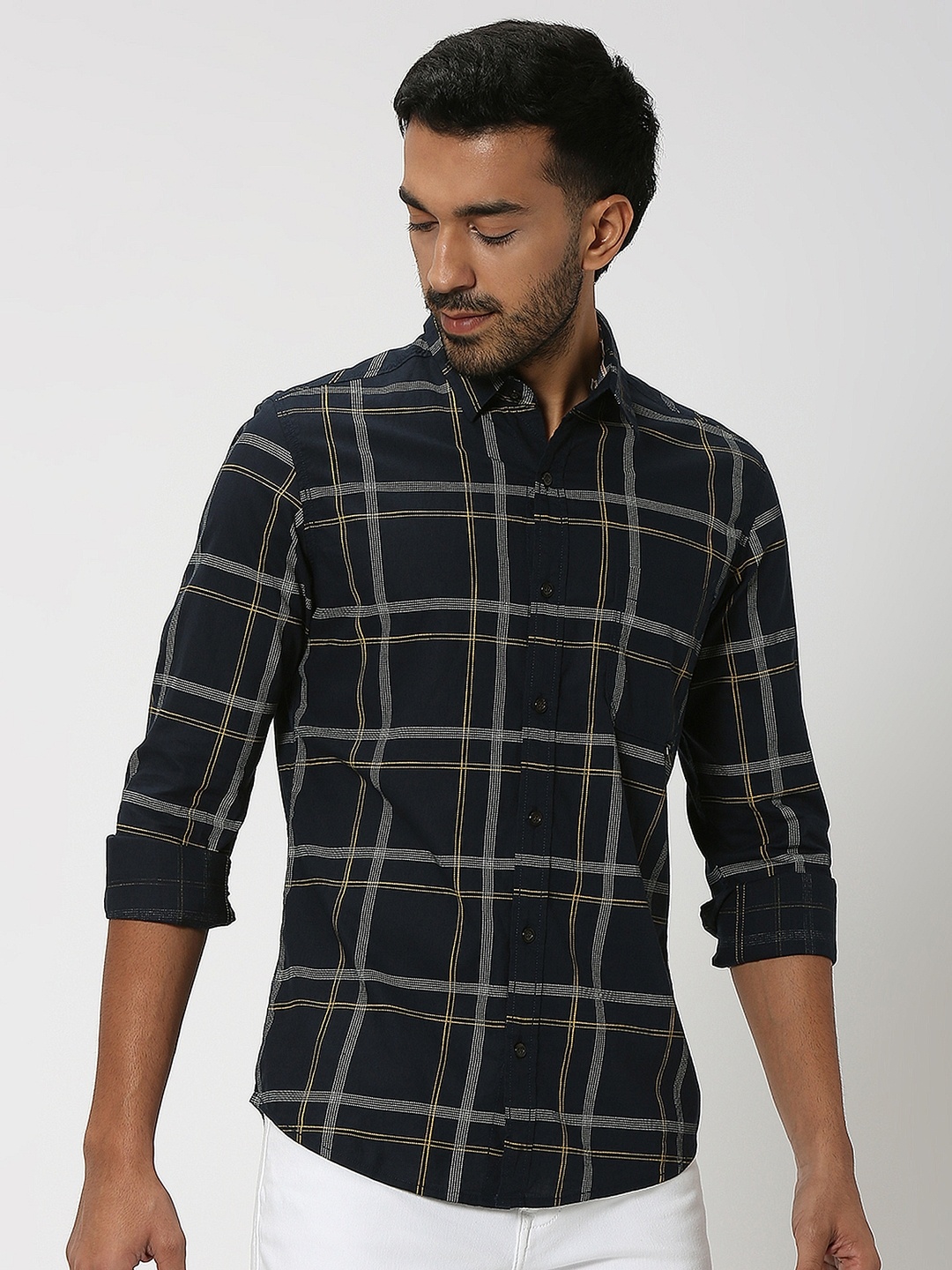 

Mufti Slim Fit Windowpane Checks Pure Cotton Casual Shirt, Navy blue