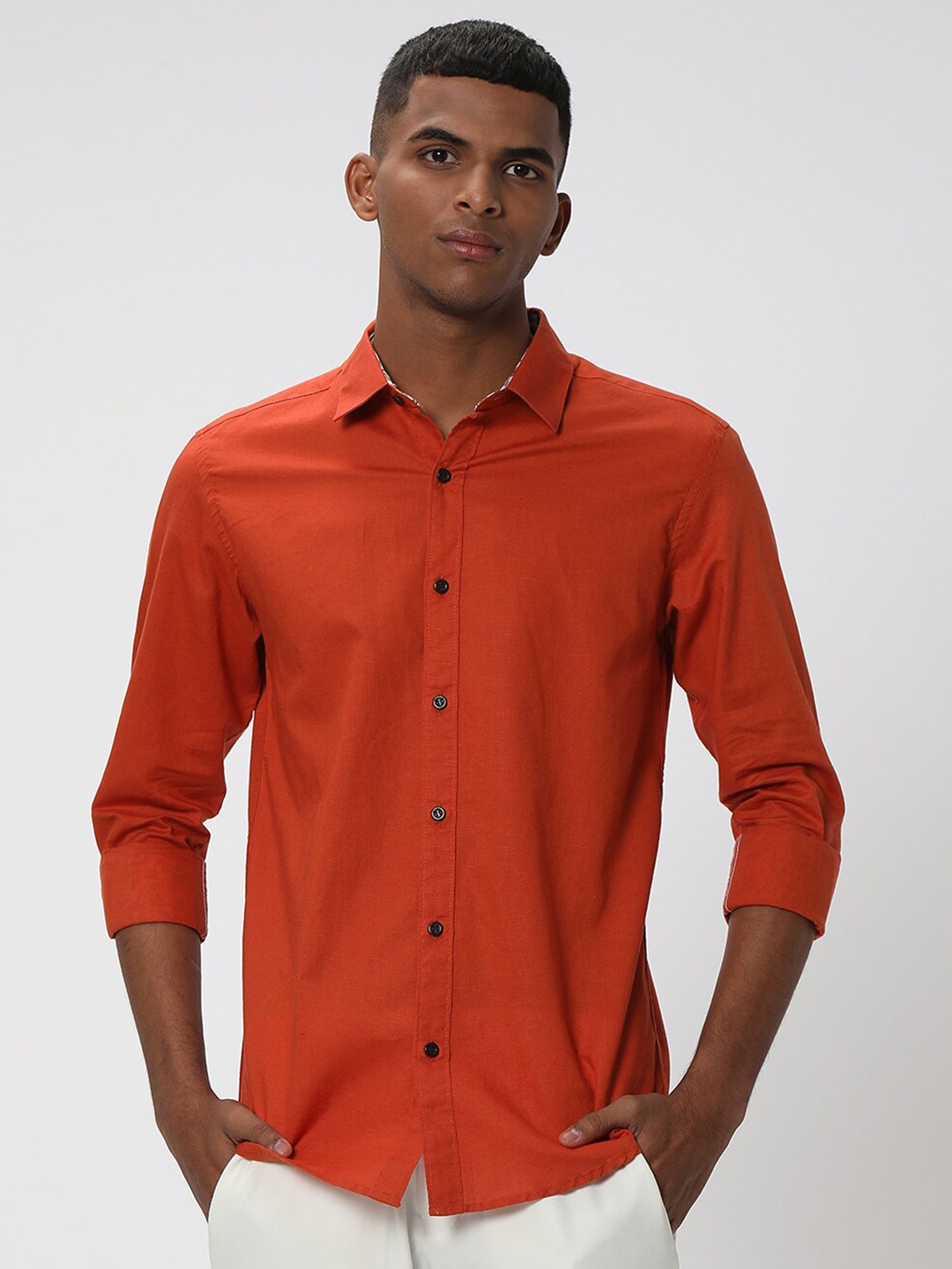 

Mufti Slim Fit Spread Collar Cotton Linen Casual Shirt, Rust